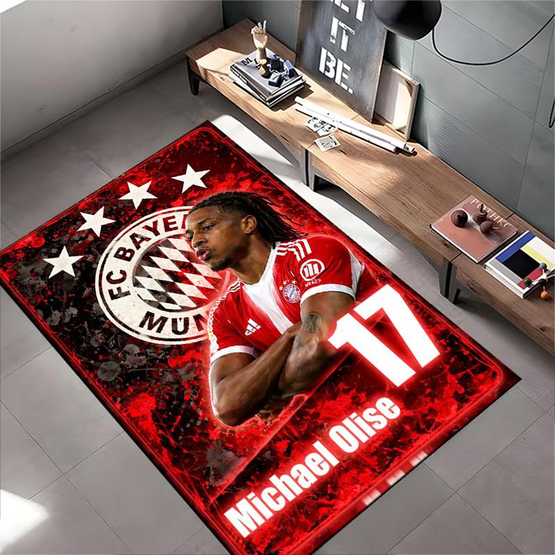 Soccer Star Area Rug, Michael Olise Bayern Munich 17 Red Stars Grunge Crest Print, Football Fan Decor, Non-Slip Mat