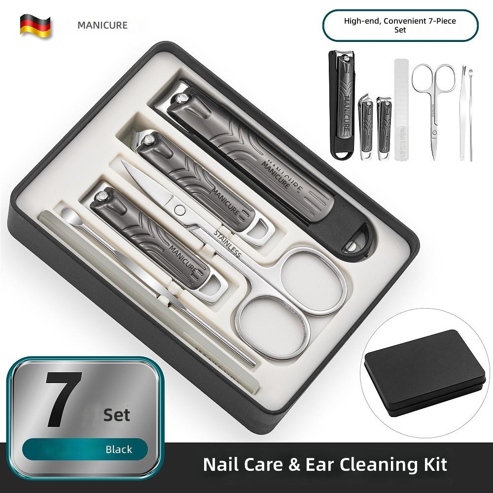 7 Piece Carbon Steel Manicure Set Two-tier Box; High-end Gun-black Splash-proof sharp Pedicure Nail Clippers Tools