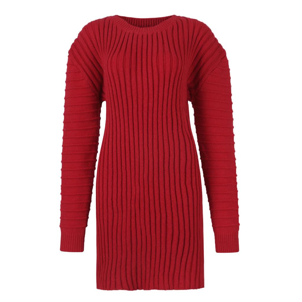 Women's Fashion Knitted Dresses Casual Waisted Round Neck Long Sleeve Long Dresses