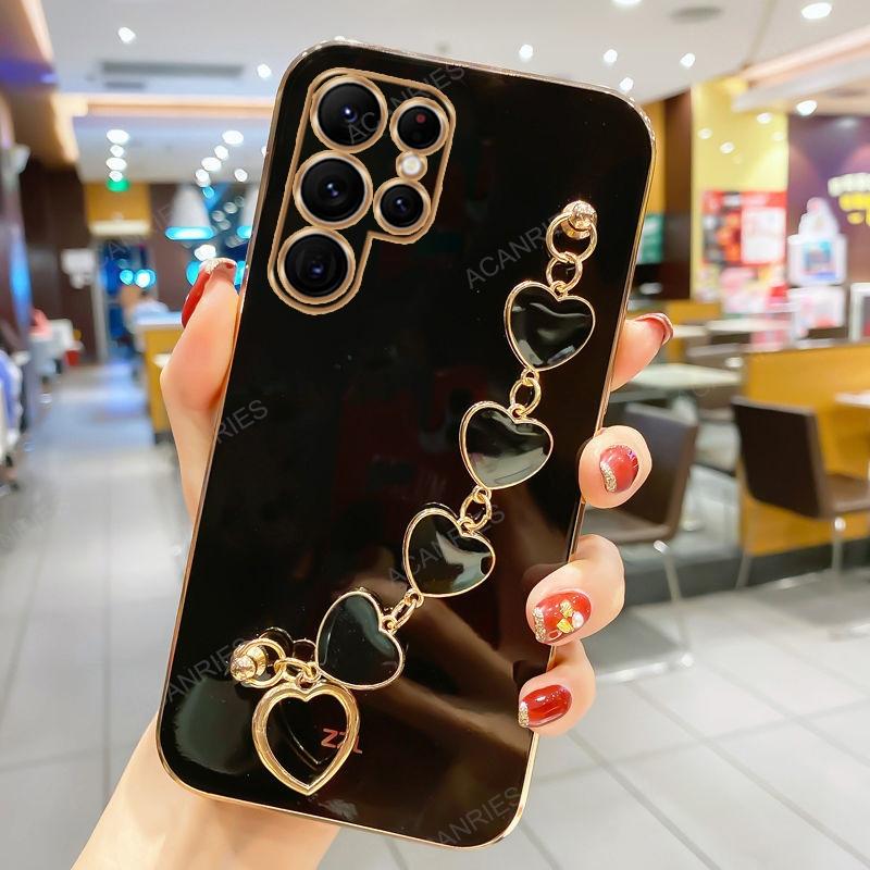 S 25 24 23 Роскошный чехол-цепочка с сердечком и покрытием для Samsung Galaxy S25 S24 S23 Plus Ultra FE Задняя крышка на S24FE S23FE