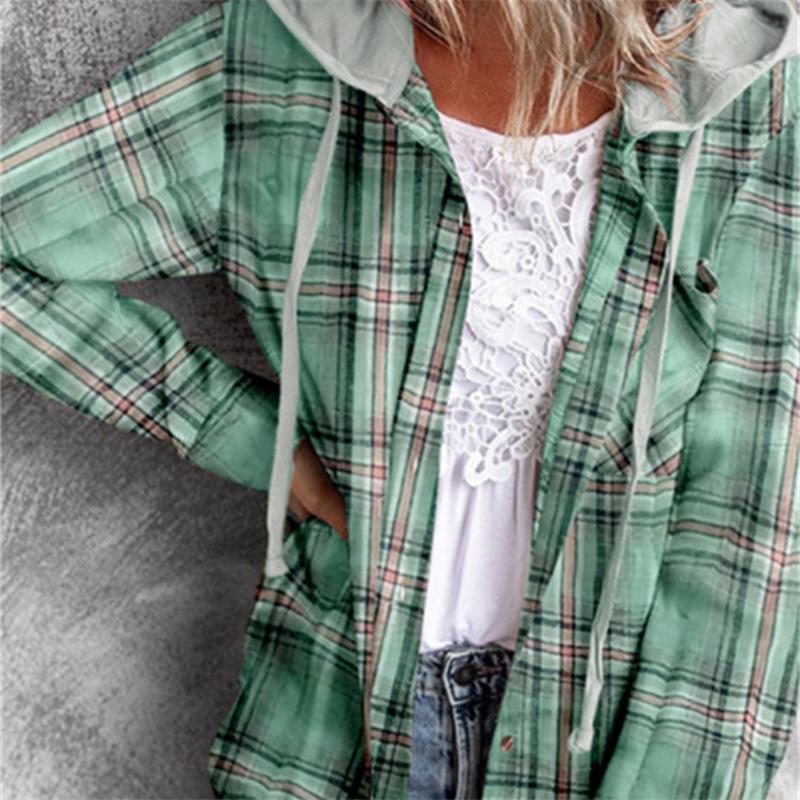 Новая весенняя женская рубашка из смесового хлопка, модная клетчатая рубашка с капюшоном, женская рубашка с длинным рукавом и однорядными пуговицами, блузки в британском стиле