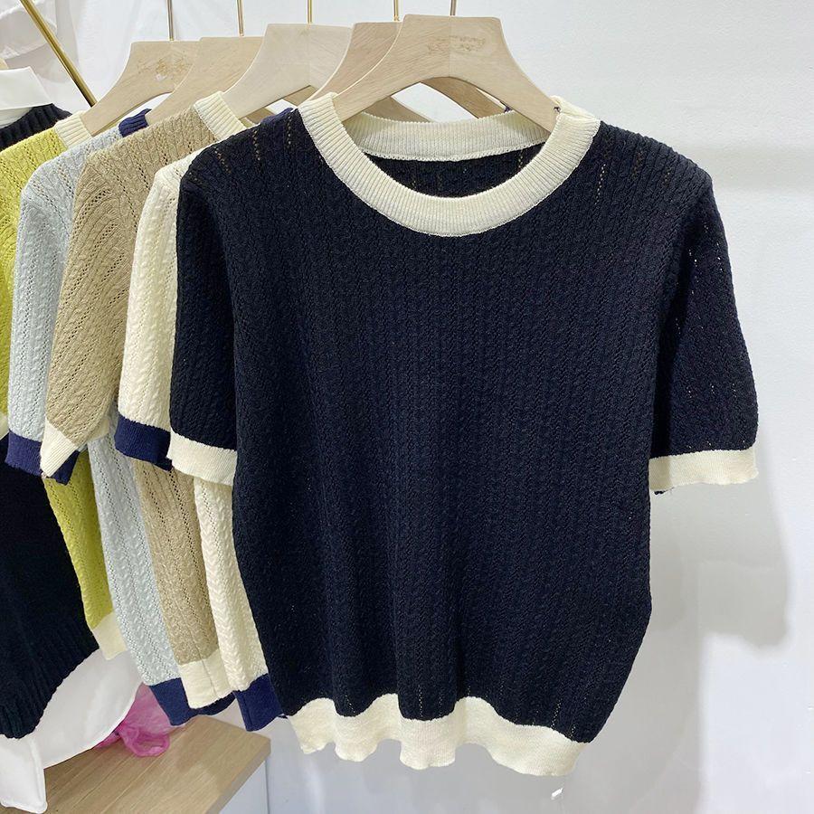 Летняя полая трикотажная рубашка из ледяного шелка с круглым вырезом, свободная внутренняя рубашка соответствующего цвета, контрастный дизайн, футболка с короткими рукавами, женский топ