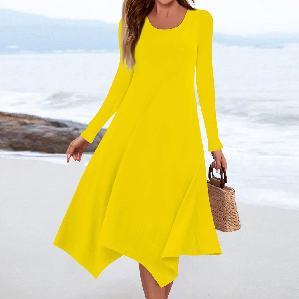 Women's Casual Fashion Round Neck Long Sleeve Solid Color Irregular Hem Midi Dress