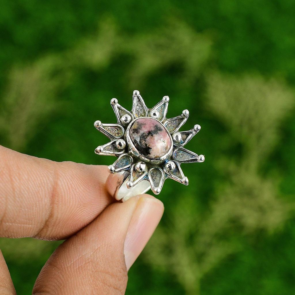 Womens Day Sale 925 Silver Natural Rhodonite Statement Wife Flower Ring Jewelry