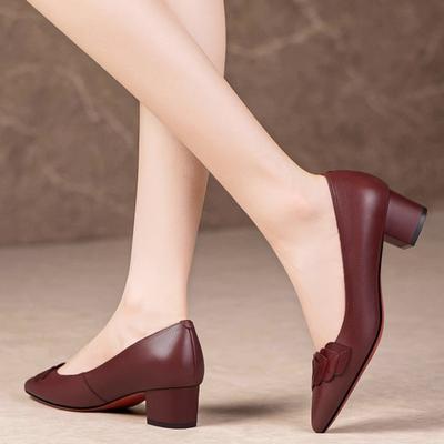 2025 новая осенняя обувь бордового цвета на толстом каблуке, туфли-лодочки с мелким вырезом, женские туфли с острым носком, мягкая подошва, мягкая поверхность, обувь для мам