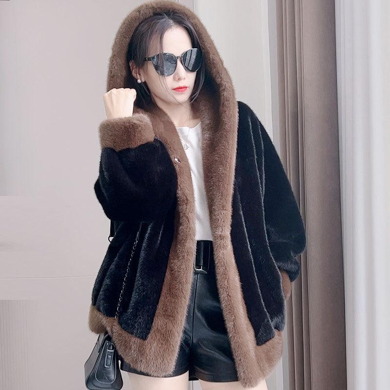 Куртка из искусственного меха норки контрастного цвета с капюшоном, женская, с мехом, с интегрированным толстым теплым длинным рукавом