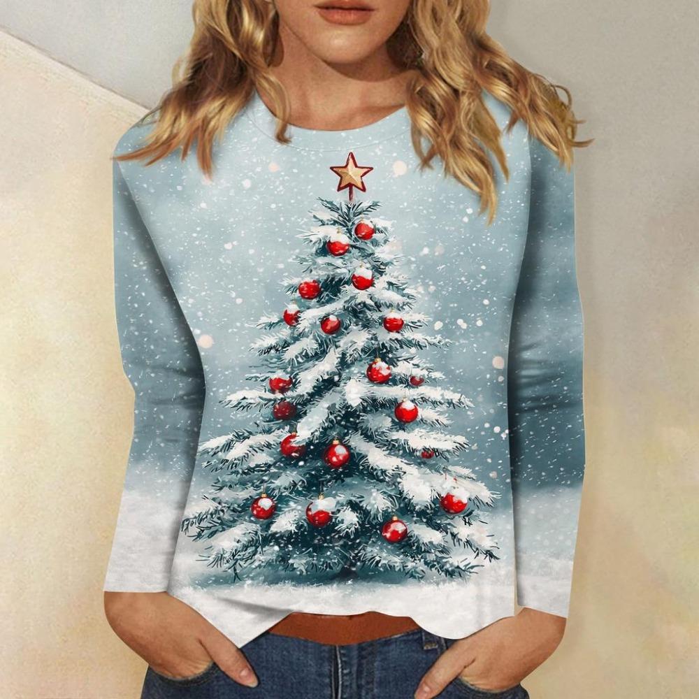 Christmas Women Sweatshirt Designer Round Neck Long Sleeve Loose Casual Christmas Snowman Fun Pattern Print Top