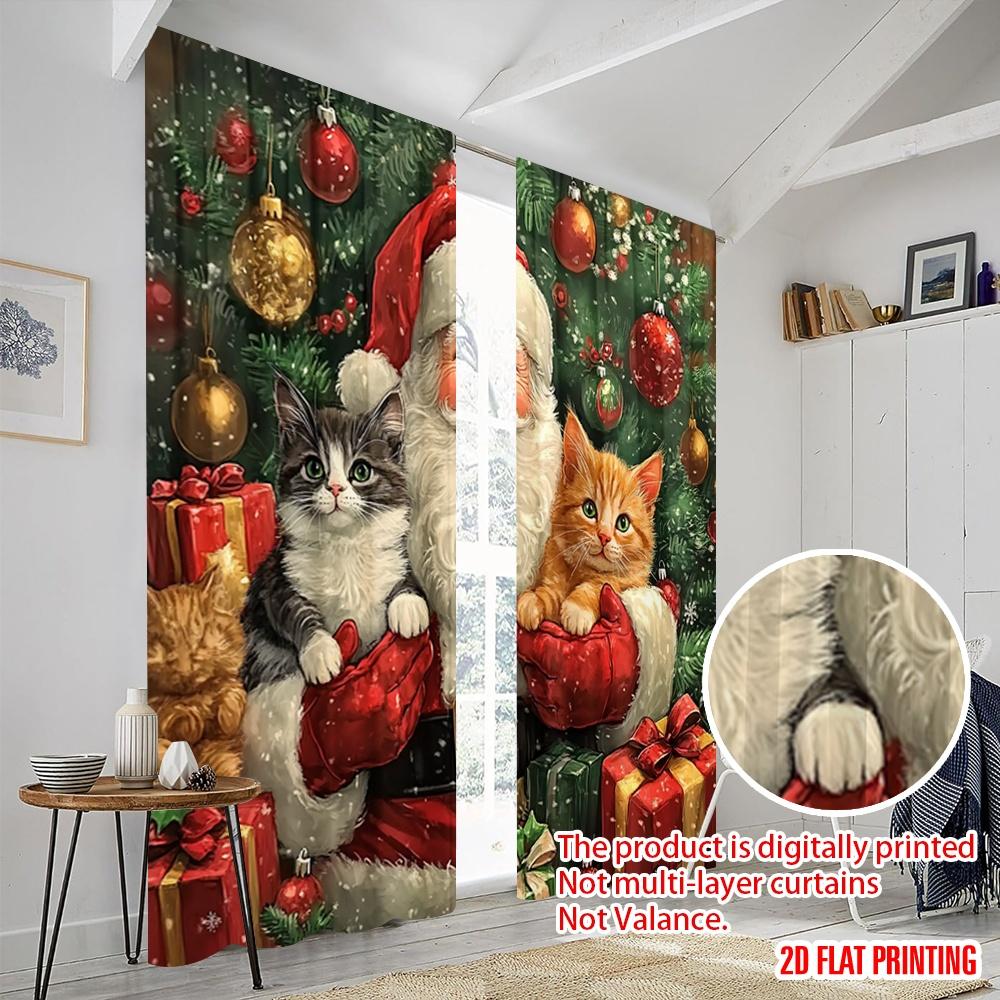 2pcs,2D Plane Printing Creative Curtains Santa Kitten Christmas Presents (2) Polyester Woven (without Rod) Decorations Inside