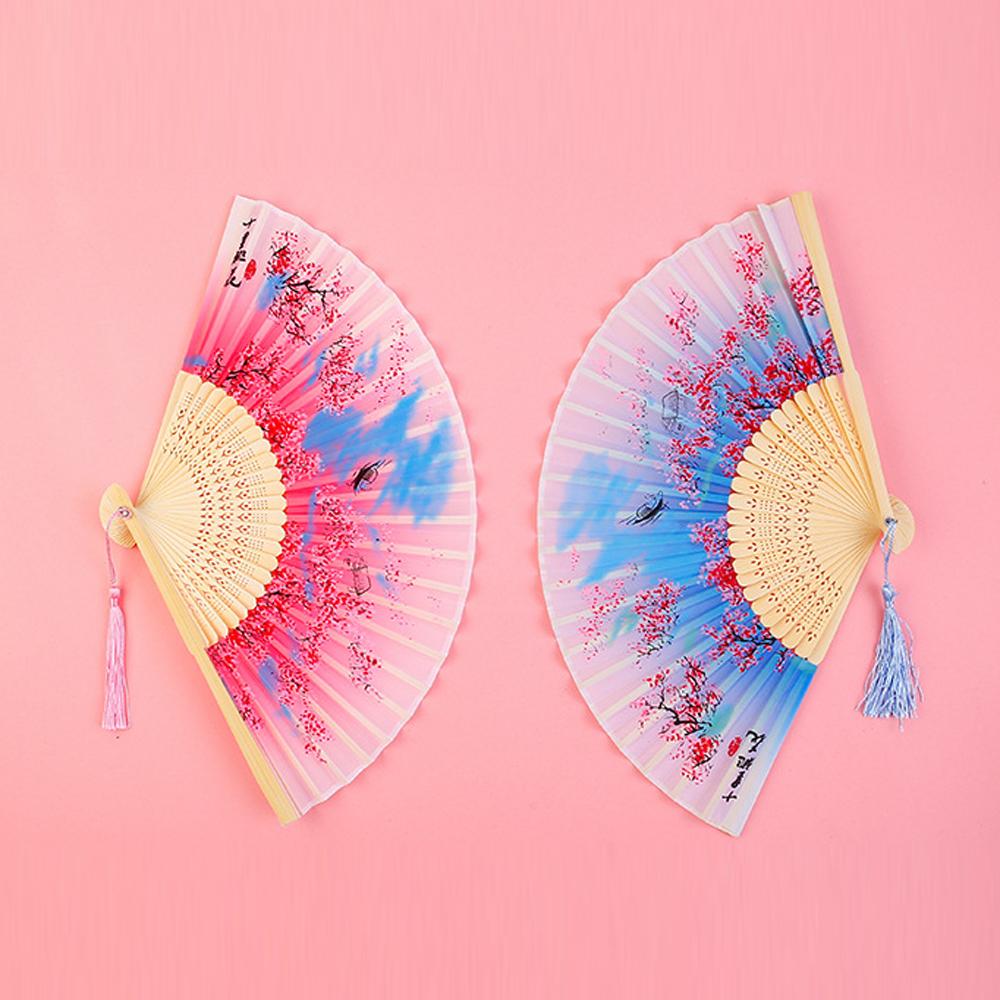 Китайский складной веер с деревянным хвостовиком, веер для классических танцев, высококачественный элегантный женский веер с кисточкой