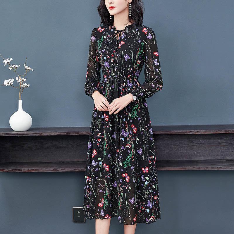 Шифоновое платье, женское платье с длинным рукавом и цветочным принтом, тонкое платье средней длины, размера плюс, летнее корейское модное повседневное платье