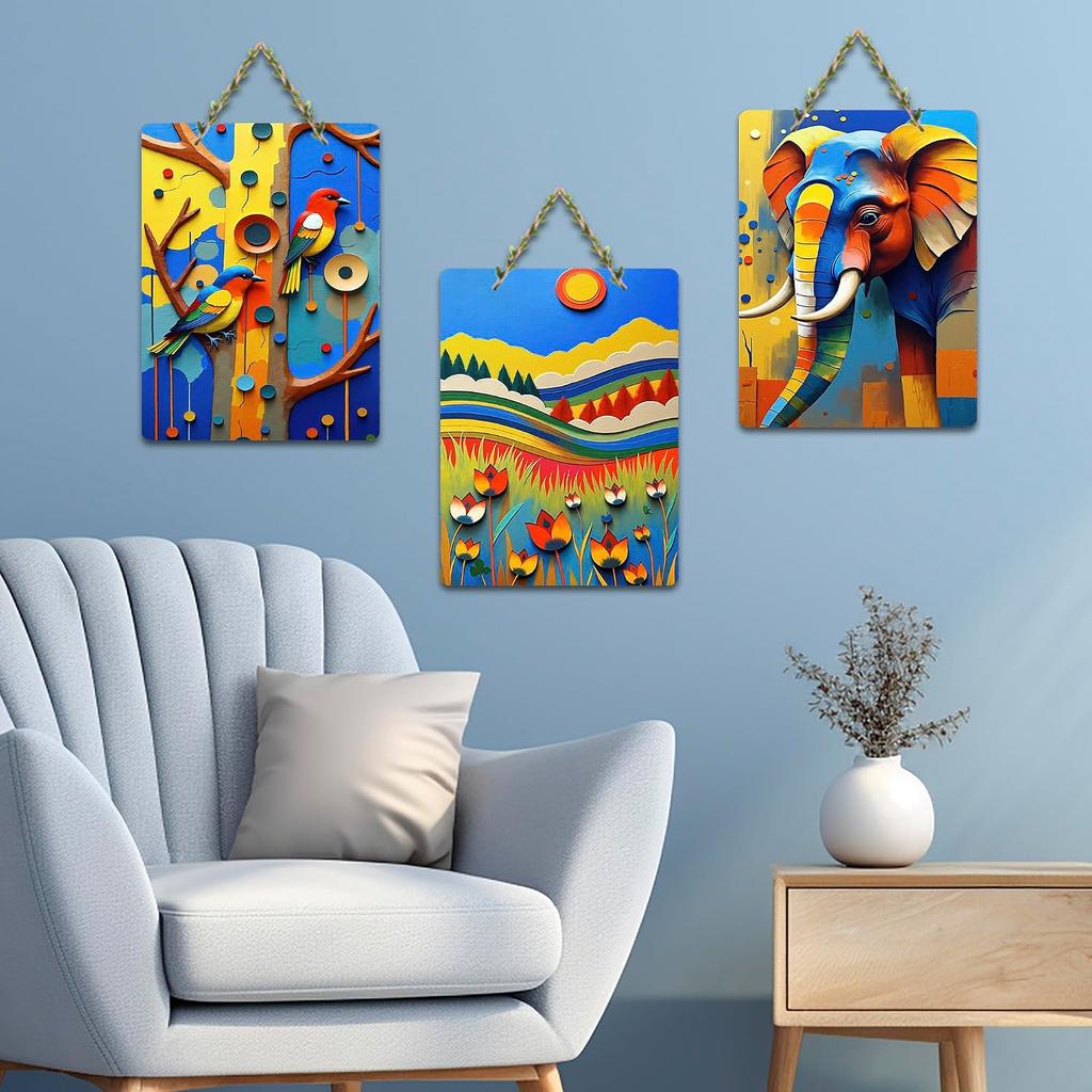 Nature & Wildlife Inspired Modern Art Wooden Wall Hanging - Multicolor