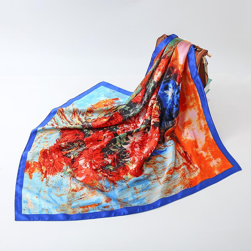 Women Fashion Square Vintage Print Satin Neckerchief Sun-Proof Scarf Scarves Shawl High Quality 1PC 90*90cm
