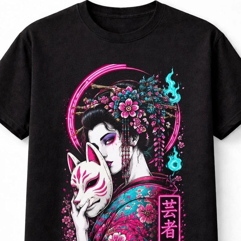 Kitsune Geisha Japanese Fox Mask Sakura Anime Unisex TShirt