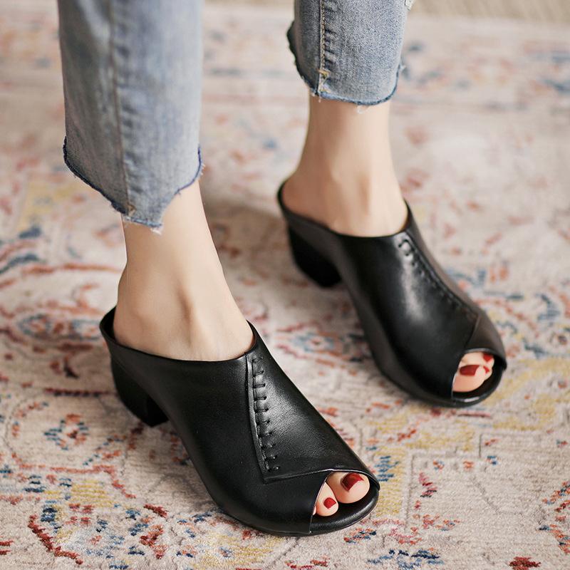 Кожаные мягкие верхние тапочки на среднем каблуке на толстом каблуке, удобные универсальные женские сандалии с рыбьим ротом, женская обувь для мам