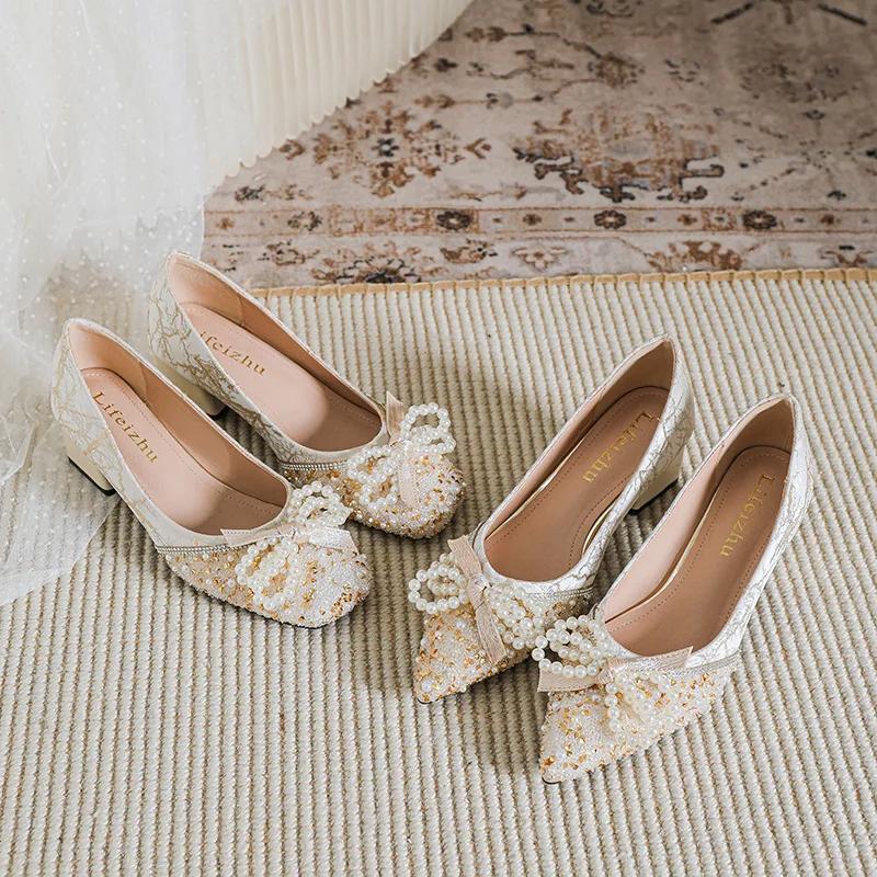 Женская обувь Роскошные туфли-лодочки Красивая жемчужная цепочка Бант Туфли на высоком каблуке Девочка Вечернее платье Туфли