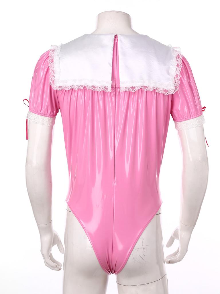 Мужской костюм для косплея Sissy Maid, комбинезон для трансвеститов, кружевная отделка, пышные рукава, купальник на молнии, боди из лакированной кожи