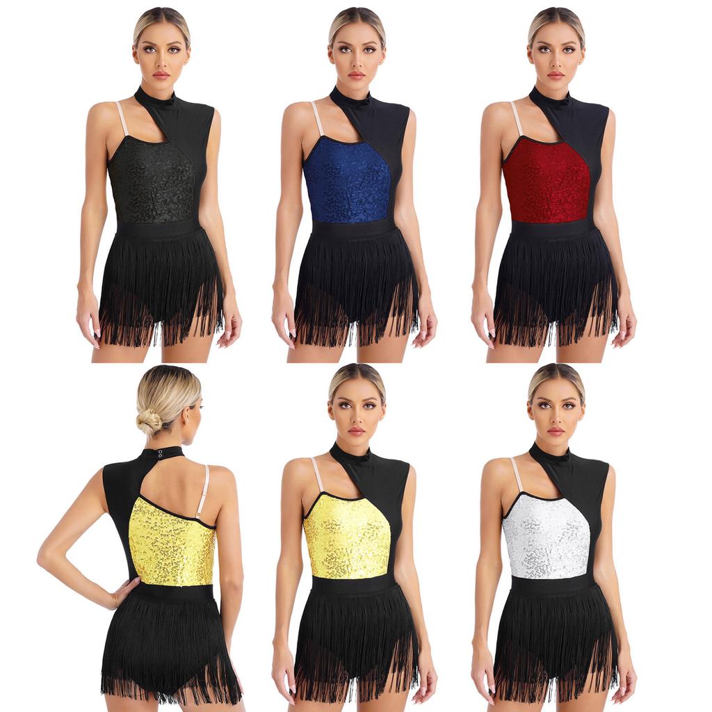Womens Sleeveless Latin Dance Leotard Shiny Sequins Contrast Color Fringed Bodysuit for Dance Party Stage Performance