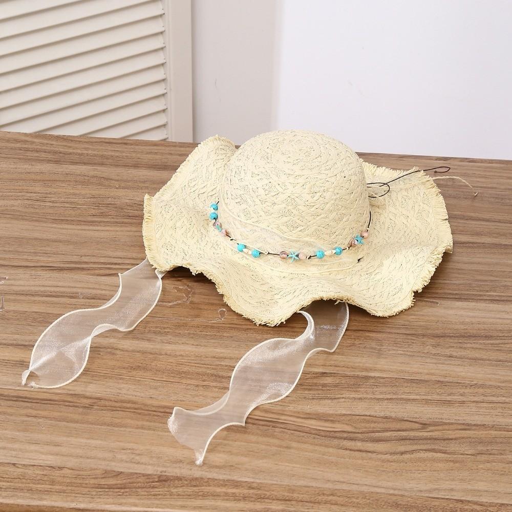Breathable Vacation Beach Cap with Turquoise Lightweight Big Brimmed Straw Hat Sunshade Topi with Lace Woven Sun Cap Carnival