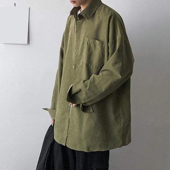 Мужская рубашка с лацканами, длинный рукав, однобортная рубашка, однотонный цвет, накладной карман, повседневная рубашка, свободный крой, удобная куртка