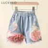 Girls' Denim Shorts Summer Teen Kids New Korean Cute Lace Swan Girls Elastic Waist Short Jeans Children's Clothes