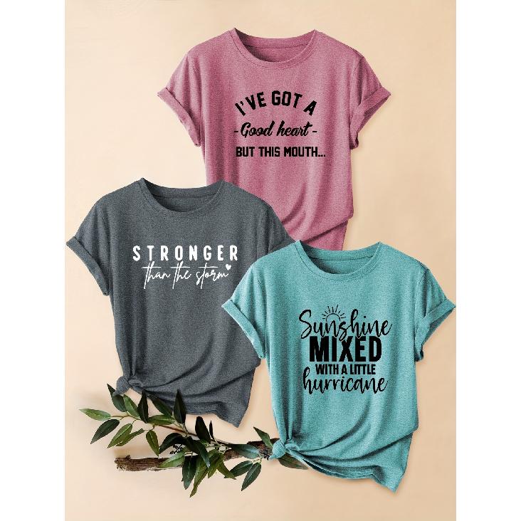 Mother's Day Gift 3 Pack Sun Letter Print Retro Women Round Neck Short Sleeve T Shirts Casual Sports Tops