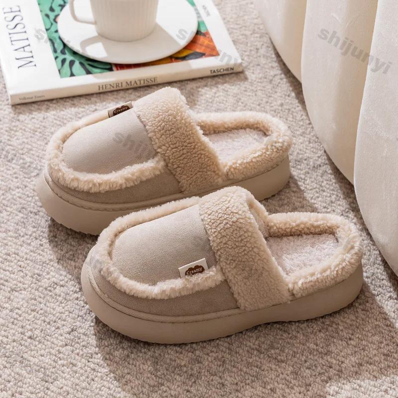 Модные женские плюшевые теплые домашние тапочки на платформе, зимние новые мягкие удобные домашние хлопковые тапочки для пола, тапочки на танкетке для девочек, пушистые тапочки для дома