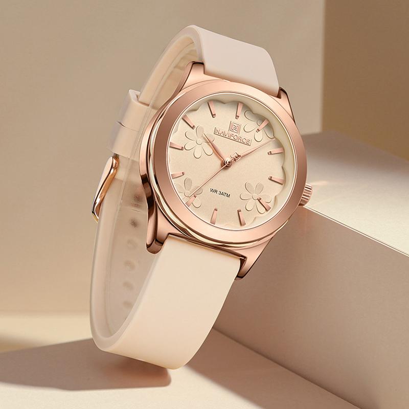 NAVIFORCE Ladies Watch with Elegant Flower Dial Fashionable Brand Waterproof Quartz Wristwatch for Women Soft Silicon Strap 5051