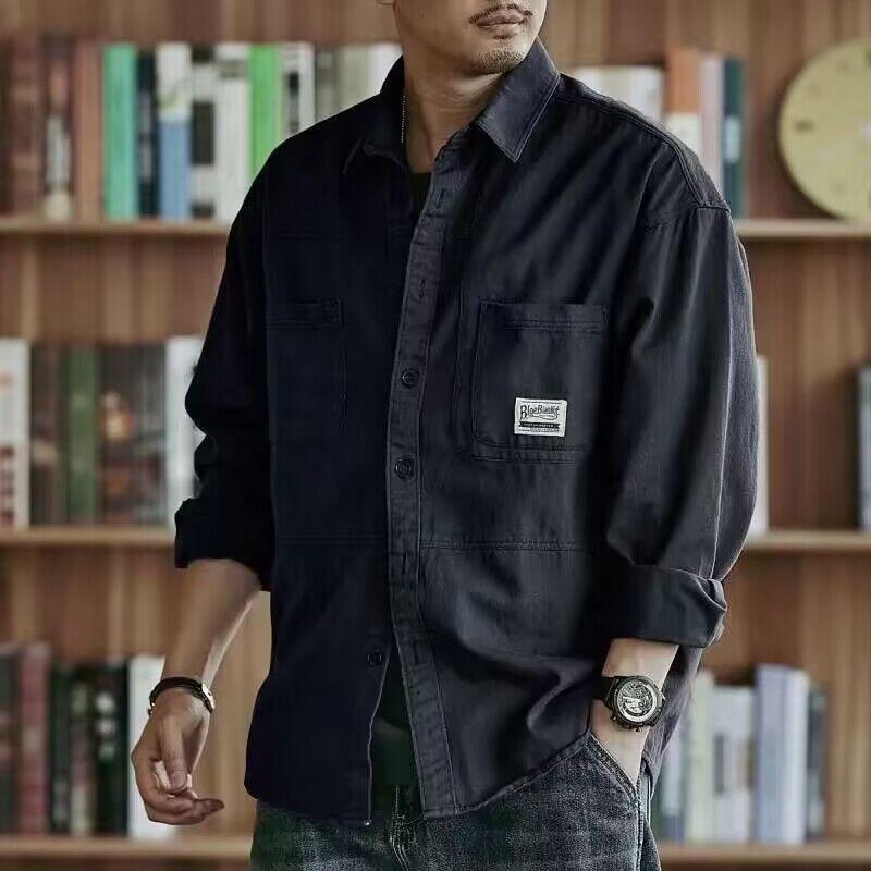 Мужская повседневная рубашка с длинным рукавом в японском стиле - осенний модный выбеленный дизайн