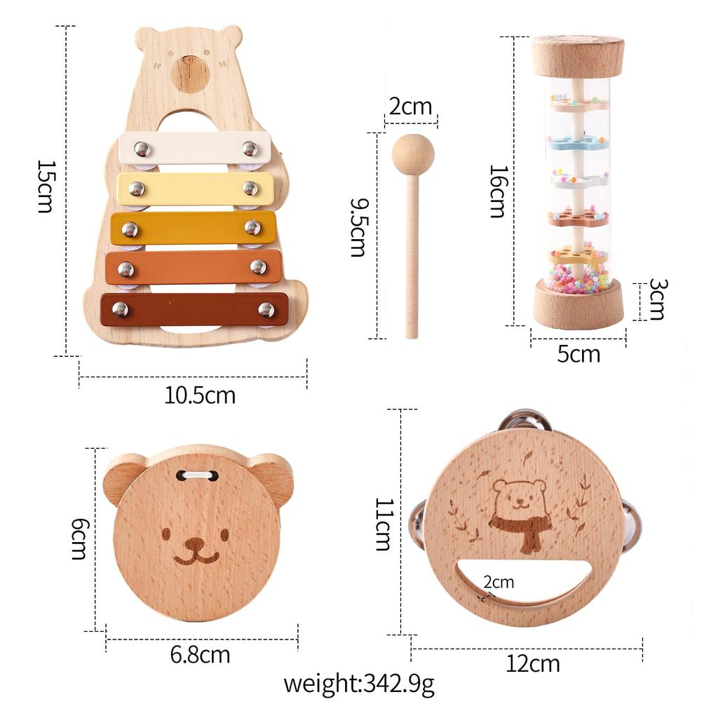 WOODEN TEETHER Musical Instrument Toy Music Enlightenment 4 Piece Set Rattle Wooden Toy Montessori Music Toy Xylophone Castanet Tambourine Rainbow