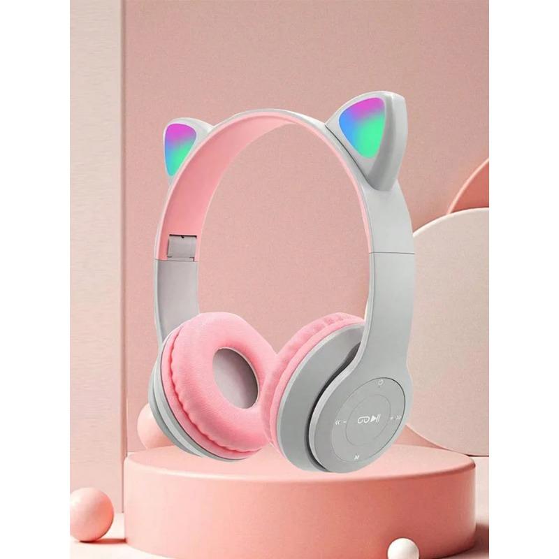 Беспроводная гарнитура со светящимися кошачьими ушками, беспроводная гарнитура с мультяшным принтом, складная беспроводная гарнитура со стереозвуком