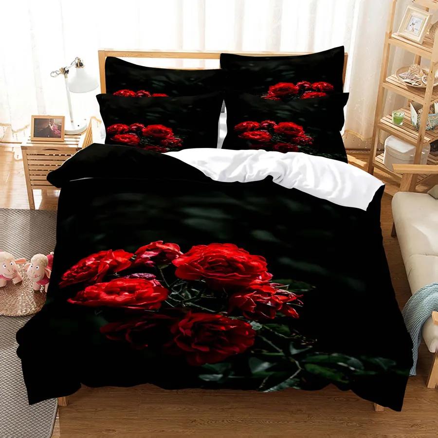 Красные розы пододеяльник комплект двуспальная кровать королевского размера полный комплект 3D постельное белье наволочка с цветочным узором одеяло постельное белье односпальная двуспальная кровать