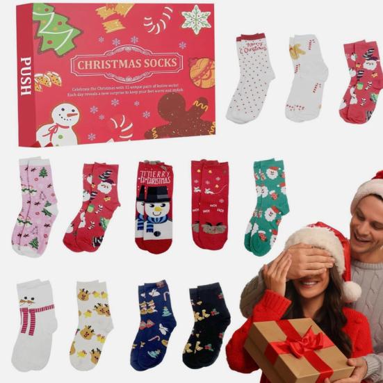 Носочный адвент-календарь 2025 24 дня Рождественский календарь обратного отсчета 12 пар Праздничный сюрприз Хлопковые носки Подарки для мужчин и женщин