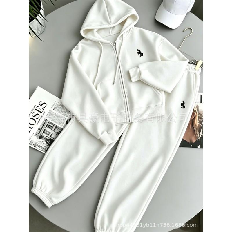 Womens Hooded Zip Sweatshirt Jogger Set Embroidered Casual 2-Piece Sportswear