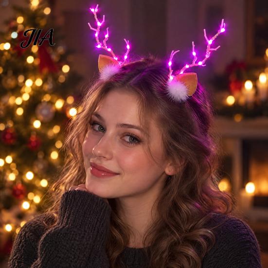 Lighted Xmas Party Supplies 1 Pair LED Christmas Antler Headwear for Women Girls, Glowing Elk Horn Hair Sparkling Winter Celebration Headpiece