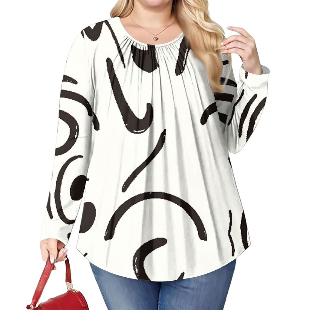 Women's Plus Size Fashion Printed Casual Pleated Round Neck Long Sleeve Top