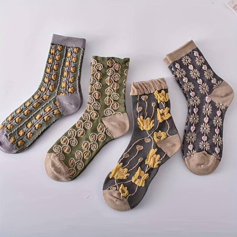 Набор из 5 пар женских носков до середины икры - Рельефный цветочный и кружевной дизайн, Дышащие рубчатые манжеты, Ассорти цветов для повседневных и нарядных случаев