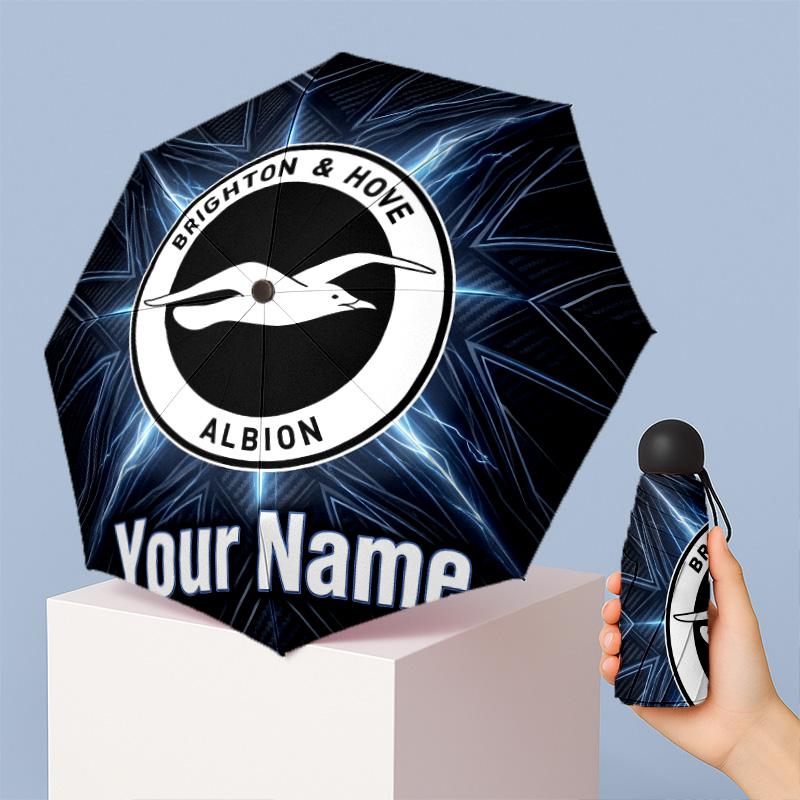 Brighton & Hove Albion Football Manual Five Fold 8 Rib Umbrella Support Custom Text, Lightweight Travel Umbrella