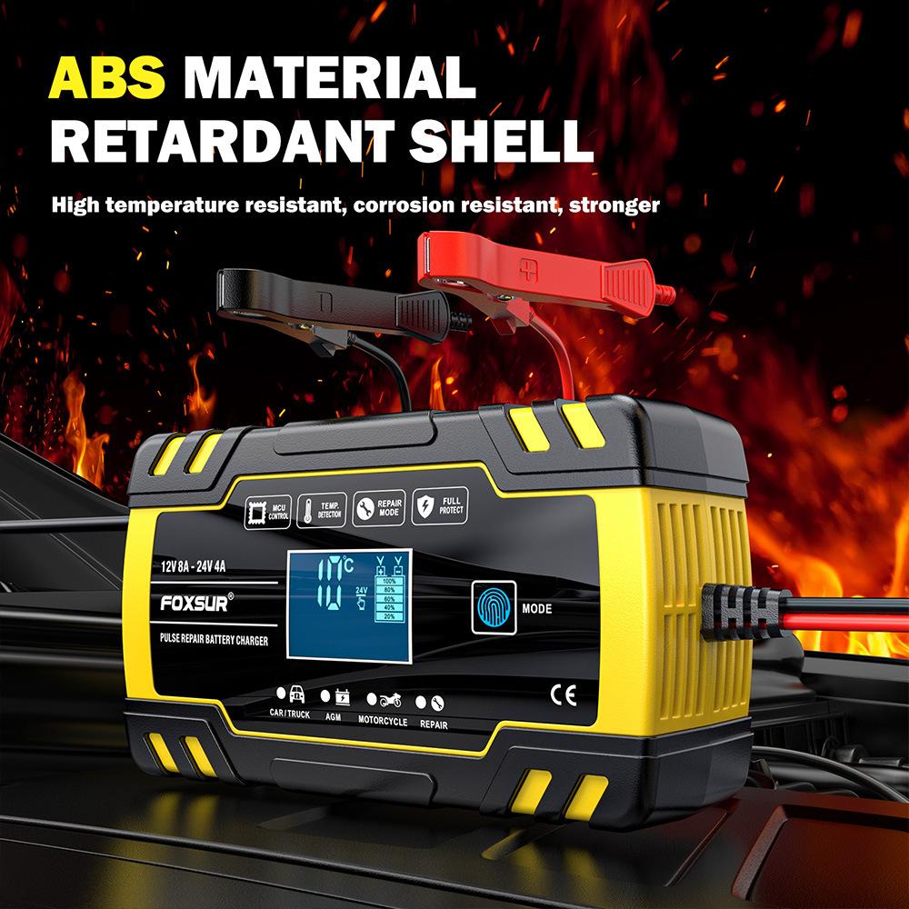 Интеллектуальное зарядное устройство для автомобильных аккумуляторов 12 В 4 А / 24 В 8 А для грузовиков, мотоциклов, автофургонов, лодок, AGM, свинцово-кислотных аккумуляторов с ЖК-дисплеем для импульсного ремонта