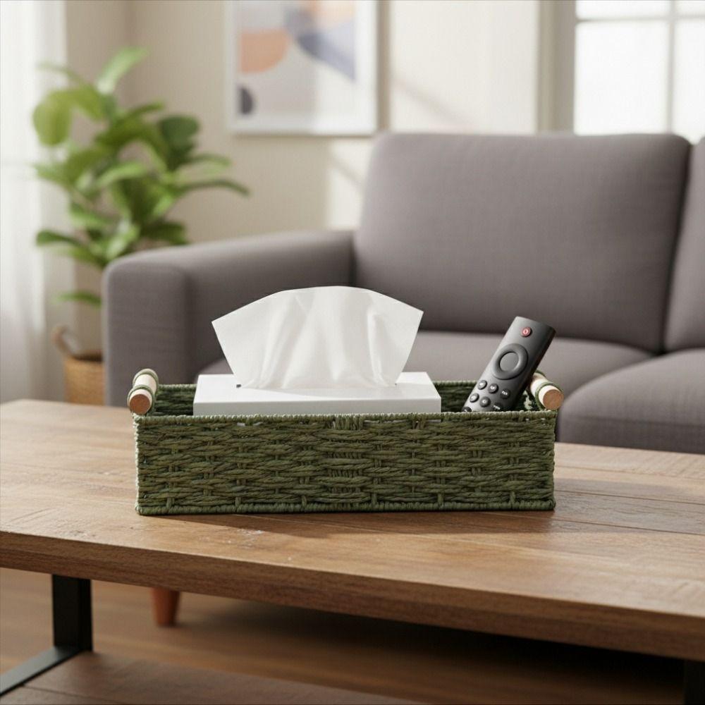 Retro Braided Toilet Paper Basket Wood Handle Handwoven Bathroom Storage Basket Rectangular Ventilated Sundry Storage Basket