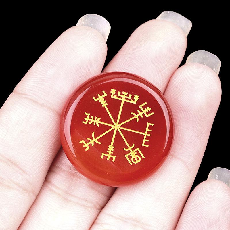 25mm Natural Crystal Stone Viking Compass Vegvisir Symbol Engraved Healing Crystals Round Flat Talisman Gemstone Home Decor Gift