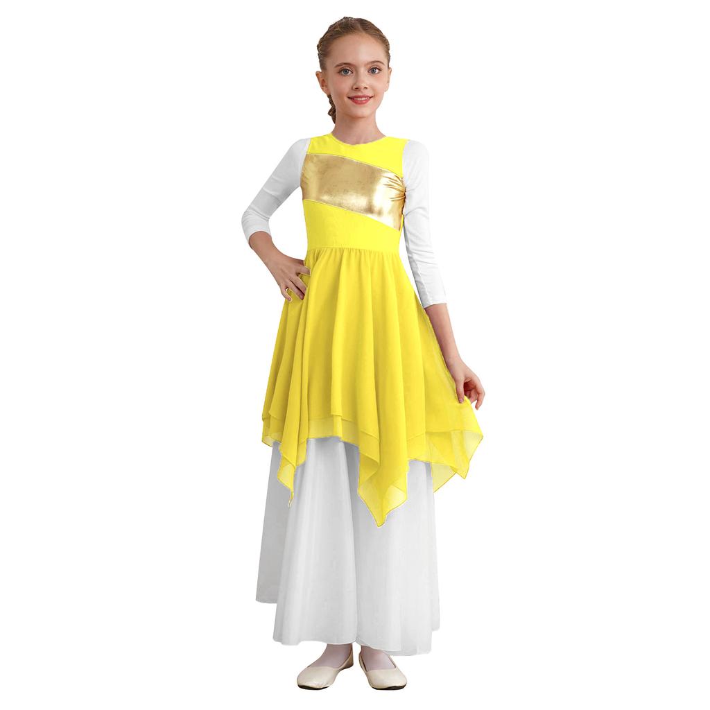 Girls Worship Liturgical Celebration Costume Color Block Sleeveless Asymmetric Hem Lyrical Dance Dress
