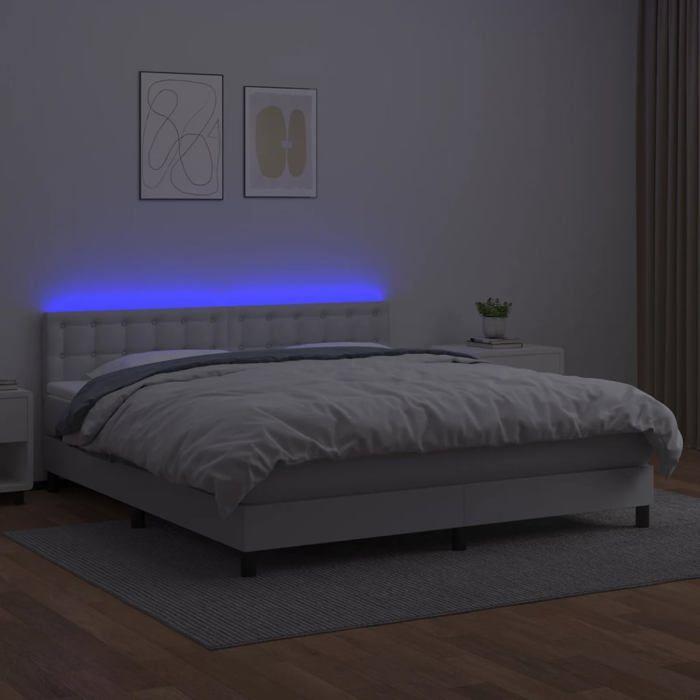 Sommier à lattes avec matelas - 160x200 cm - Similicuir Blanc - LED Colorée - 2 Places