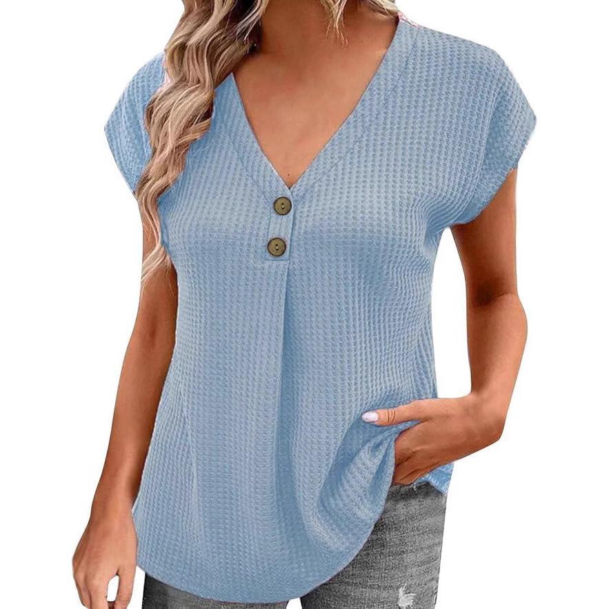 Spring and summer large-size women's clothing, new European and American tops, solid color buttons V-neck short sleeves for women