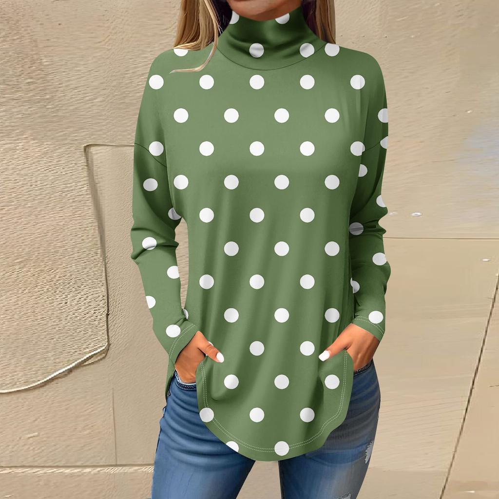 Футболки для женщин, осенние повседневные рубашки с длинными рукавами, толстовка с винтажным принтом, топ с высоким воротом, пуловер