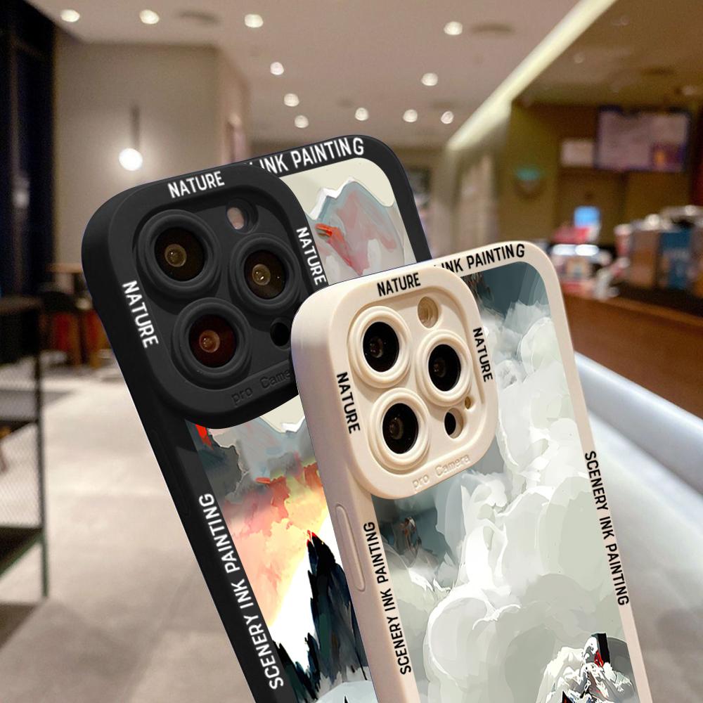 Для iPhone 16 15 14 Pro Max Redmi Note 13 12 Pro Samsung S25 S24 Ultra A13 A14 A15 A16 Мягкий защитный чехол для камеры с полным объективом и рисунком в виде гор и деревьев