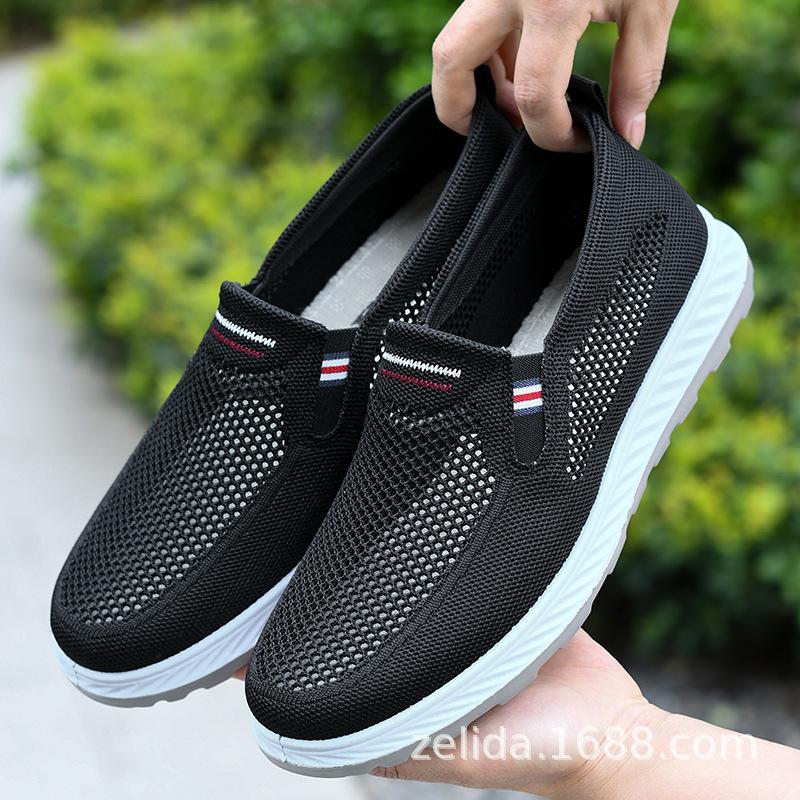 Мужская обувь лето 2024 новые сетчатые туфли тканевые мужские туфли с одной педалью тканые полые дышащие туфли для папы повседневные сетчатые туфли