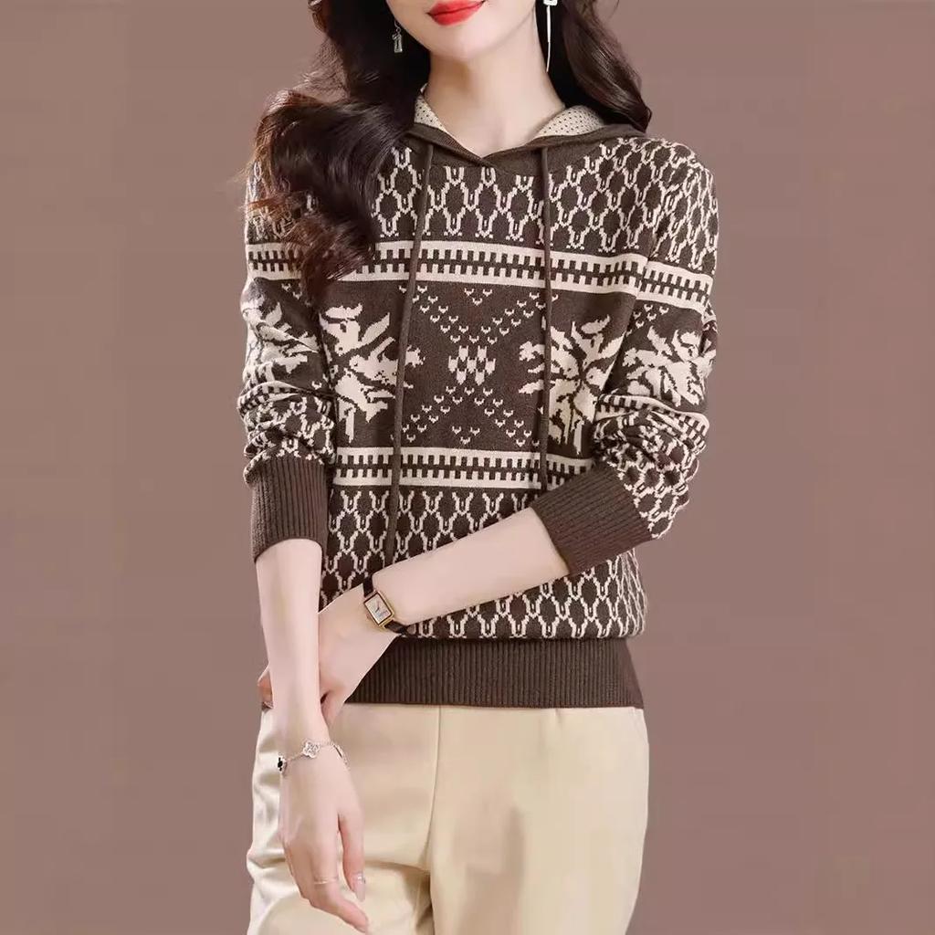 Осень-зима, новая женская жаккардовая толстовка с кепкой, стильный топ с круглым вырезом, замедляющий старение, для ценителей моды