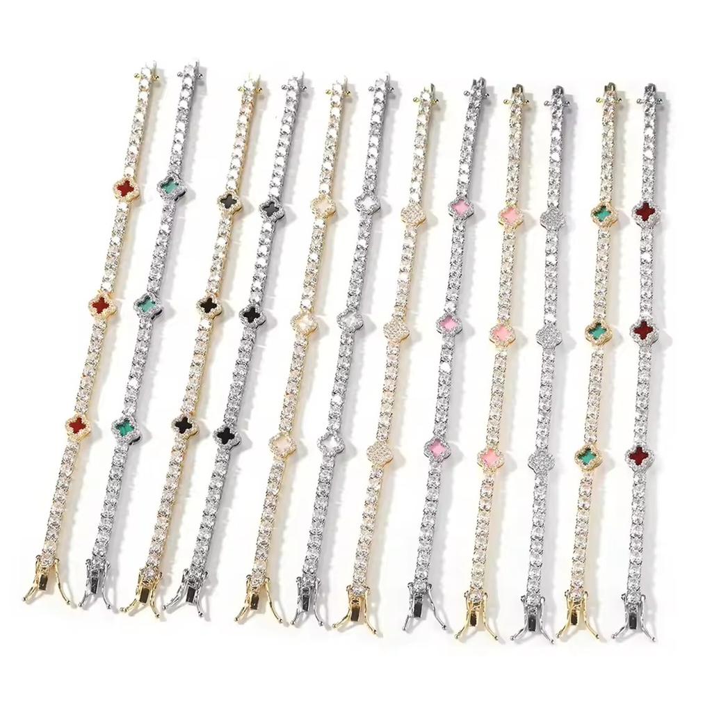 New Arrival Mini Four Leaf Clover Necklace Cz Stone Bling Bling Tennis Chain Women Jewelry Necklace