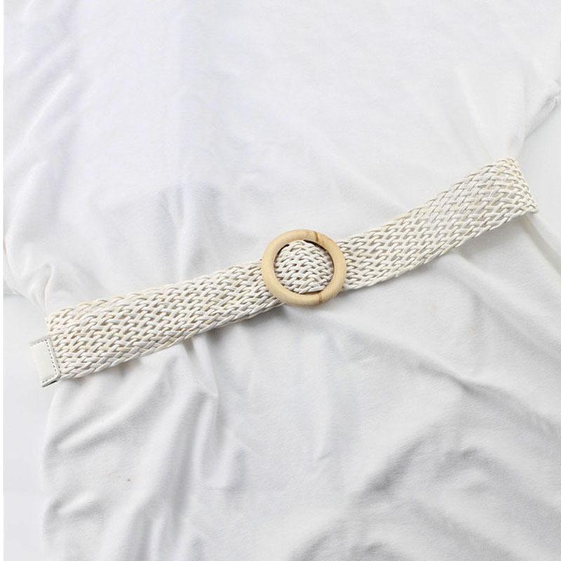Summer Wide Braided Belt Women Woven Straw Belt with Round Wooden Buckle Waist Belt