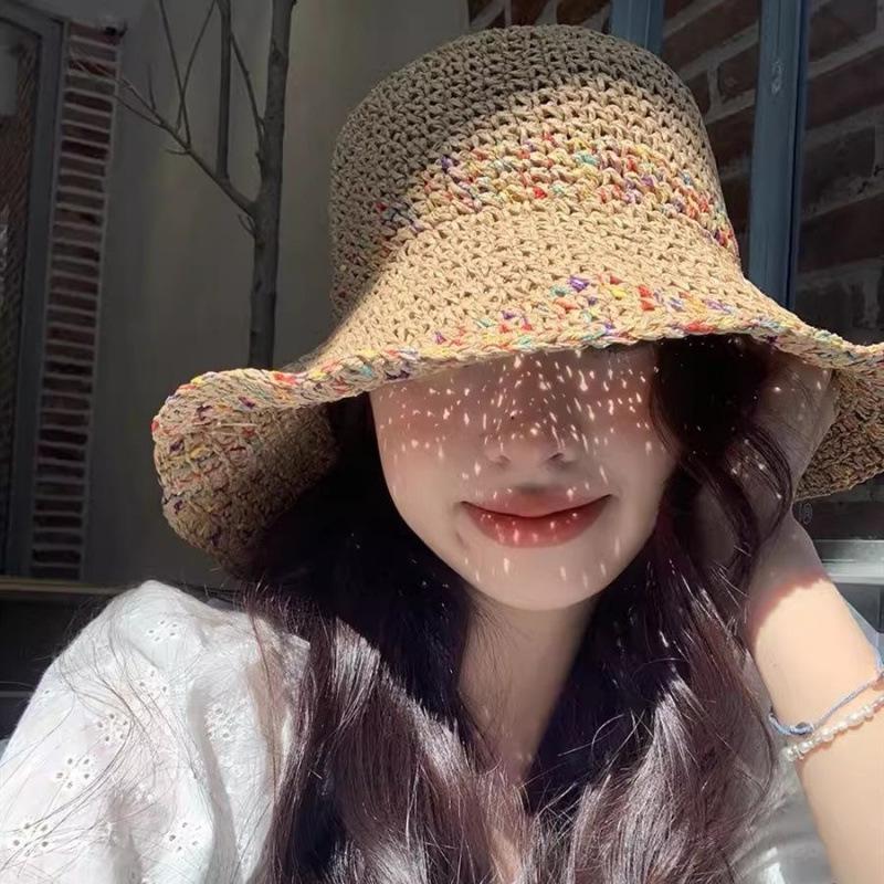 Rainbow hand-woven straw hat women's summer hollow sunscreen visor breathable spring and autumn vacation wind wide brim woven hat women